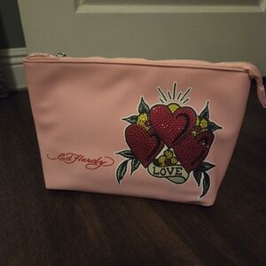 NWT Y2K Ed Hardy Pink Heart Love Rhinestones Cosmetic/Makeup Bag